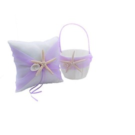 Abbie Home Organza Bowknot Wedding Ring Pillow + Flower Basket Set Romantic Beach Wedding Party Favor-Light Purple