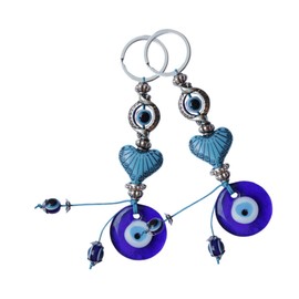 Outanaya 2PCS Evil Eye Keychain Decor with Loss Function Versatile Keyring for Men and Women Stylish Blue Heart Bead Hanging Accessory for Keys Bags and More