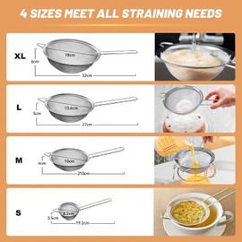 Billord Fine Mesh Strainer - Set of 4 Food Colanders, Premium Stainless Steel Sieve Strainers with Sturdy Handle, Mini Small Medium Large Size Sifters for Kitchen, Rice, Juice, Food,Pasta,Flour,Baking