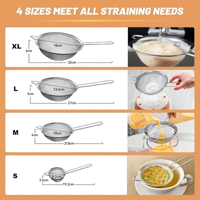 Billord Fine Mesh Strainer - Set of 4 Food Colanders,