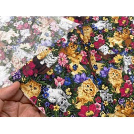 AMORNPHAN 45 Inch Colorful Floral Cat Cotton Fabric - Cute Kittens in Garden with Butterflies for Quilting, Sewing, Patchwork, DIY Crafts, Home Decor for 1 Yard