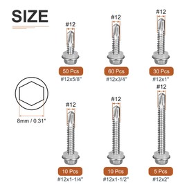 DTGN 165Pcs #12 Hex Washer Head Self Drilling Screws Kit - 5/8", 3/4", 1", 1-1/4", 1-1/2", 2" 410 Stainless Steel Self Tapping Sheet Metal Screw Assortment - Good for Metal