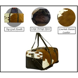 Real Cowhide Leather Duffel Bag Cow skin Hairon Leather Exotic Travel Sports Bag Large Size Gym Bag Overnight Bag Choose your Color (Brown & White)