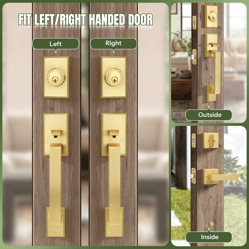 Moquin Brushed Gold Square Front Door Handle Set, Heavy Duty