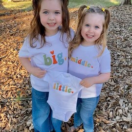 Brother Sister Matching Outfits Big Middle Little Sibling Shirt Baby Summer Romper Pregnancy Announcement Shirts (Beige-Middle, 2-3 Years)