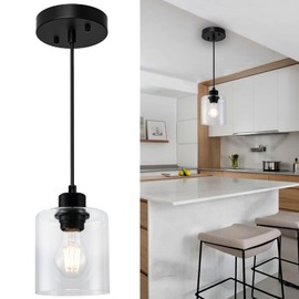 Capaaobc 1 Light Pendant Lights Kitchen Island, Modern Farmhouse Hanging Light Fixture, 39Inches Adjustable Black Ceiling Light for Dining Room, E26 Base, Clear Glass Shape