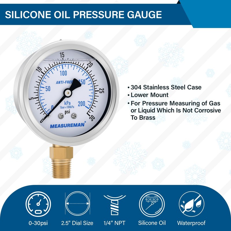 MEASUREMAN 2-1/2 Inch Low Pressure Gauge, 0-30 PSI, Silicone Oil