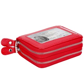 Card Holder Wallet for Women Multi Card Case Leather Credit Card Holder Small Double Zipper Ladies Wallet Zipper Coin Purse (Red)