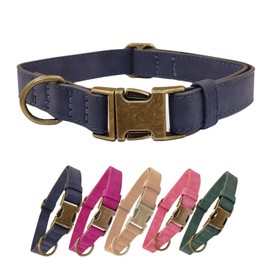 THAIN Soft Leather Dog Collar, Heavy Duty Metal Buckle Padded Dog Collar Quick Release, Adjustable Pet Collar for Small Medium Large Dogs Breeds (Dark Blue, M)