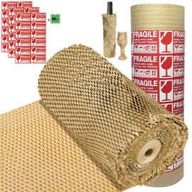 Honeycomb Packing Paper - 15" x 400' Alternative Bubble Wrap, Eco-Friendly Cushioning Wrap Packaging for Moving, Packing & Shipping with 36 Fragile Sticker Labels