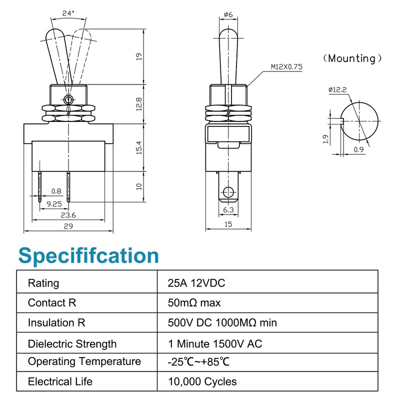 Heschen Metal Toggle Switch Flick Flip, KN3D-101, 12V 25A On/Off