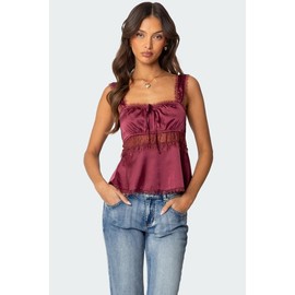 Loryn Lacey Satin Effect Top - Color: BURGUNDY, Size: S