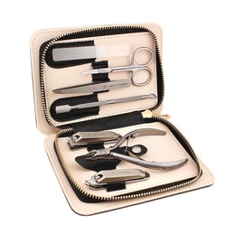 Beauty Power Manicure Pedicure Set 7-in-1 Stainless Steel, Ultra Sharp, Slanted Nail Clipper, Fingernail Clipper, Cuticle Nipper, Glass Nail File, Eyebrow Tweezers, Scissors, Case – Gift (Matte Gray)