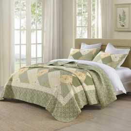 KALOOLA Oversized Bedspread Quilt 120x120, 100% Cotton Floral Bedspreads King Size, Lightweight Plaid Reversible Coverlet Comforter Set with Pillow Shams, 3 Pieces, Green