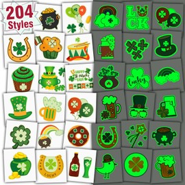 Partywind 204 Styles Glow St Patrick's Day Tattoos for Kids Gifts, Individually Wrapped Sheets Saint Patrick's Day Decorations for Party Supplies, Irish Shamrock Accessories Tattoo Stickers