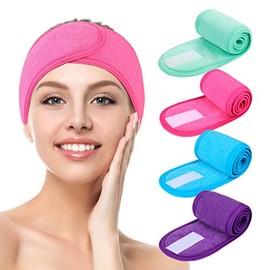 Diademas faciales de spa, 4 piezas, para maquillaje, ducha, baño, deporte, tela de rizo, toalla elástica con cinta mágica (azul, verde menta, morado, rosa)