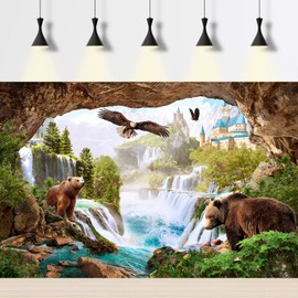 Waterfalls Backdrop Mountains Old Castle Lovely Bears Cave Style Photography Background Pine Trees Green Jungle Rainforest Landscape Backdrops Birds Hawk Fantasy Animals Safari Background 7x5ft