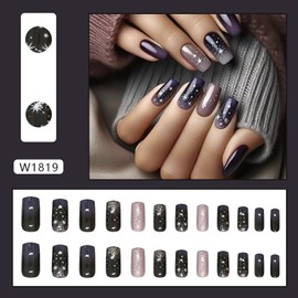 Ballet Shaped False Nails Purple Stars Sky Design Press on Nails Medium Coffin Nails Full Cover Glossy Acrylic Nails Artificial Stick on Nails Reusable French Glue on Nails for Women Acrylic Set 24Pcs