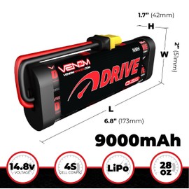 Venom Drive Series 50C 4S - 9000mAh 14.8V LiPo RC Battery, Lithium Polymer 4 Cell - Soft Silicone Connector & Compatible w/ 2WD, 4WD, Truck & Buggies