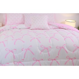7 Pieces Cartoon Bowknot Kids Comforter Full,Pink Bow Tie Butterfly Knot Princess Bedding Set,Watercolor Bow Patchwork Pink White（Comforter+Fitted+Flat Sheet+2 Pillowcases+2 Throw Pillow Covers）