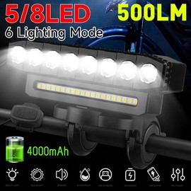 500 Lumens Bike Lights,8 LED USB Rechargeable Bicycle Light 6 Modes,Super Bright Bike Lights for Night Riding,Bike Headlight , Horn Mount e bike - Color: 8LED