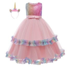 HIHCBF Disfraz de unicornio con lentejuelas para niñas, vestido de fiesta de princesa, boda, cumpleaños, Halloween, vestido largo con diadema, rosa, 5-6T