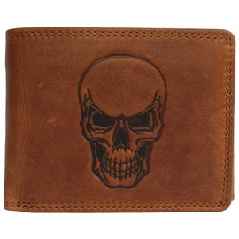 Hill Burry Leather Wallet for Men in Brown with RFID Protection with Coin Compartment (Shopping Chip) and Embossed Skull Genuine Leather Wallet (Landscape), brown, Classic