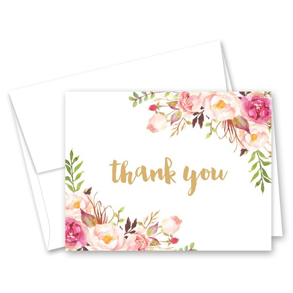 50 cnt Watercolor Roses Thank You Cards (on White)
