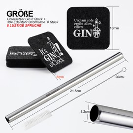 XIAONIU Gin Gift Set Coasters Gin 8 Pieces + 21.5 cm 304 Stainless Steel Straws 8 Pieces 8 Funny Sayings for Ginfans Gin Lovers and Gin Drinkers
