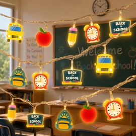 Croknit Back to School String Lights for Classroom Decor 19ft LED 3D Acrylic Apple Bus Pencil Backpack Clock Hanging Lights for Classroom Fairy Glow Bedroom First Day of School Indoor Decor