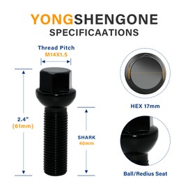 YONGSHENGONE 40mm Shank 14x1.5 Lug Bolts, 20pcs Black Ball Seat 61mm Tall Lug Studs for Wheel Spacers, 17mm Hex, 40mm Thread Length Extended Wheel Hub Bolt