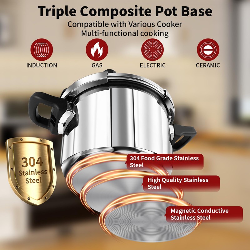 6.3 QT Pressure Cooker, 304 Stainless Steel - Explosion-Proof Lock,
