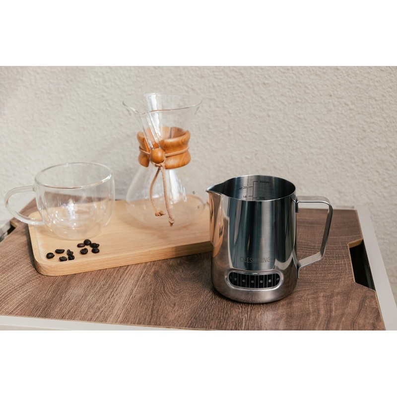 QLESHINING Milk jug Frothing with Thermometer, Stainless Steel Coffee Pitcher