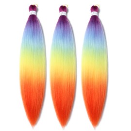 Pre Stretched Braiding Hair 26 Inch Ombre Orange Braiding Hair Extensions Hot Water Setting Crochet Box Braids Hair (26 Inch (Pack of 3), Purple-Light Blue-Yellow-Orange)