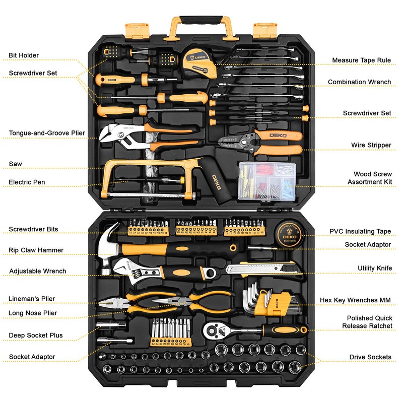 DEKOPRO 198 Piece Home Repair Tool Kit, Wrench Plastic Toolbox