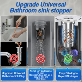 Bathroom Sink Stopper Hair Catcher, Pop-up Sink Drain Strainer with Removable Stainless Steel Strainer Basket Hair Catcher, Bathroom Sink Strainer for Bathroom Sink Stopper Replacement. (2PACK)