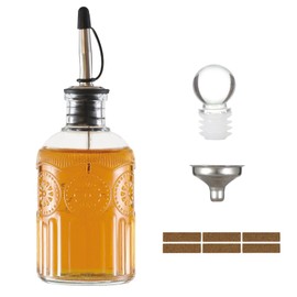 Wongblee Retro Glass Syrup Dispenser Bottle 7oz, Oil and Vinegar Cruet with Stainless Steel Pour Spout, Labels, Funnel & Stopper(Sunflower)