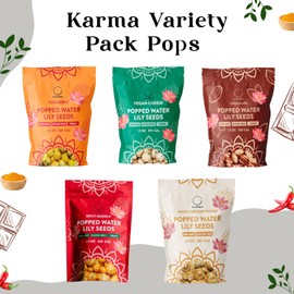 Karma Pops Variety Pack - 3g Protein, Gluten-Free, Vegan, Non-GMO - Turmeric, Chocolate, Cheddar, Masala Popped Water Lily Seeds - 1 oz (Pack of 6)