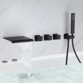 BANGPU Wall Mount Bathtub Faucet with Handheld Sprayer 3 Handle Roman Tub Faucet Set 5 Hole Waterfall Tub Filler with Hand Shower Bathroom Tub Faucets, Matte Black
