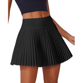 PINSPARK Pleated Tennis Skirt for Women High Waisted Golf Skort with Pockets Tummy Control Athletic Skirts A Line Workout Pickleball Mini Skirts,Black Medium