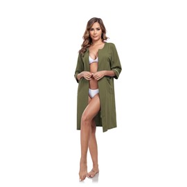 COLORFULLEAF Women's 100% Cotton Robe Lightweight 3/4 Sleeve Zip Front Robes Soft Knee Length Bathrobe Housecoat(Olive green,S)
