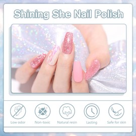 Shining She Semi-Permanent Glitter Nail Polish, 10 Colors Polychromatic Semi-Permanent Nail Polish Soak Off UV/LED Nail Polish for Beginners Nail Art DIY Salon, 8ML