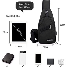 Man Shoulder Backpack Chest Bag Sling Cross Body Satchel Outdoor Charging Port (Black)