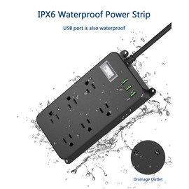 Outdoor Power Strip Weatherproof with USB,Waterproof Surge Protector,3 USB Ports,6 Outlets,Multi Plug Electrical Outlet for Camping,Home Office Patio Porch,etc,6FT Cord,Flat Plug