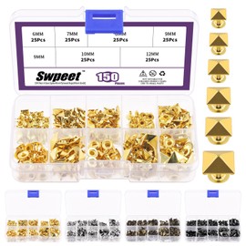 Swpeet 150pcs 6 Sizes 6 mm/7 mm/8 mm/9 mm/10 mm/12 mm Gold Spike Rivet Pyramid Quick Rivets Studs Kit, Square Rivets Metal Pyramid for Bag Leather Clothing Shoes Rivets Craft DIY