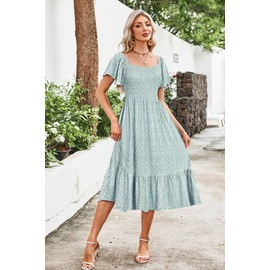 AUSELILY Women's Summer Empire Waist Dress Smocked Flutter Short Sleeve Square Neck Midi Dresses 2025 New Green Spot XL