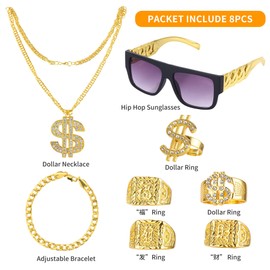 BUCOMTU Pack of 8 outfits, 70s 80s 90s accessories, dollar necklace, gold chain costume, ring with Chinese character, golden bracelet for cosplay carnival theme party, gold