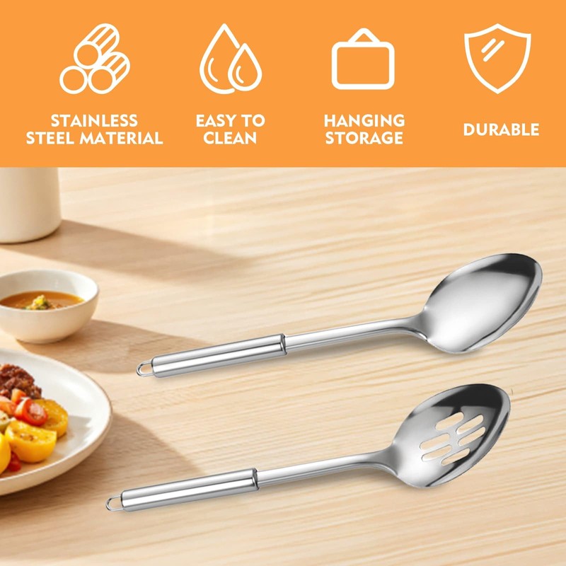 2 Pack Stainless Steel Cooking Spoon Set, Round Heat Resistant