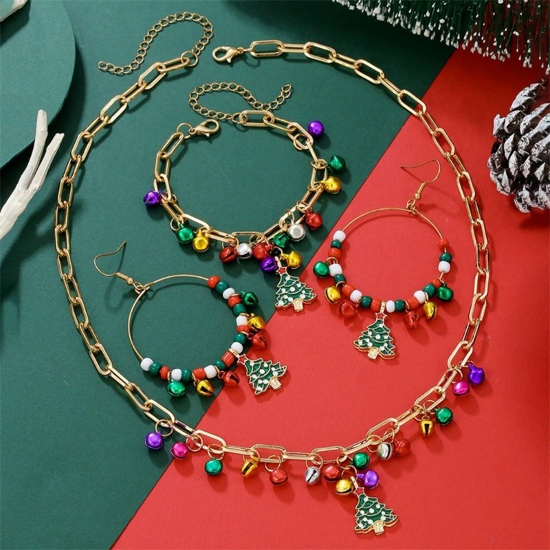 YTDYTD Christmas Tree Bell Jewelry Set, Colorful Necklace Bracelet Earrings