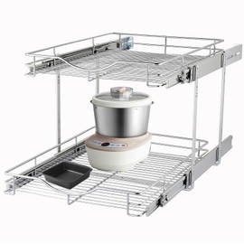 DINDON 2 Tier Pull Out Cabinet Organizer (17" W x 18" D) Heavy-Duty Metal Sliding Drawer Shelf, Two Tier Pull Out Shelves for Kitchen Cabinets, Pantry, Bathroom, Chrome Finish